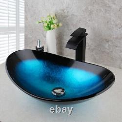 US Oval Glass Wash Basin Bowl Bathroom Vessel Sink Waterfall Mixer Faucet Set