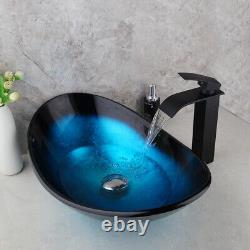 US Oval Glass Wash Basin Bowl Bathroom Vessel Sink Waterfall Mixer Faucet Set