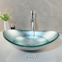US Oval Tempered Glass Bathroom Wash Basin Vessel Sink Mixer Chrome Faucet Set