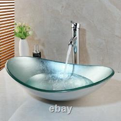 US Oval Tempered Glass Bathroom Wash Basin Vessel Sink Mixer Chrome Faucet Set