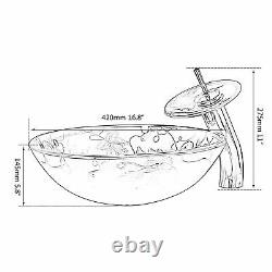 US Round Bathroom Vessel Sink Tempered Glass Wash Bowl Basin Mixer Faucet Tap