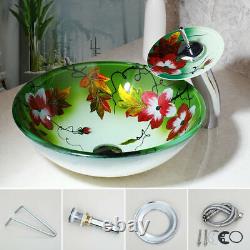 US Round Bathroom Vessel Sink Tempered Glass Washing Deck Mounted Bowl Mixer Tap