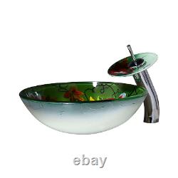 US Tempered Glass Bathroom Round Wash Basin Bowl Vessel Sink Drain Faucet Combo