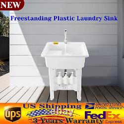 Utility Sink Laundry Tub Wash Bowl Basin Hot &Cold Faucet Washboard Freestanding