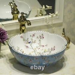 Vessel Sink Blue Color Flower and Bird Design Art Wash Basin for Bathroom