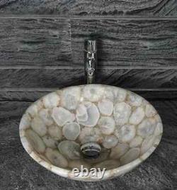 White Agate Round Wash Basin / Sink, Handmade Bathroom Vanity Counter Top Decor