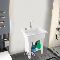 White Laundry Garage Sink Utility Bowl Wash Tub Basin Faucet Drain Freestanding