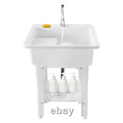 White Laundry Garage Sink Utility Bowl Wash Tub Basin Faucet Drain Freestanding